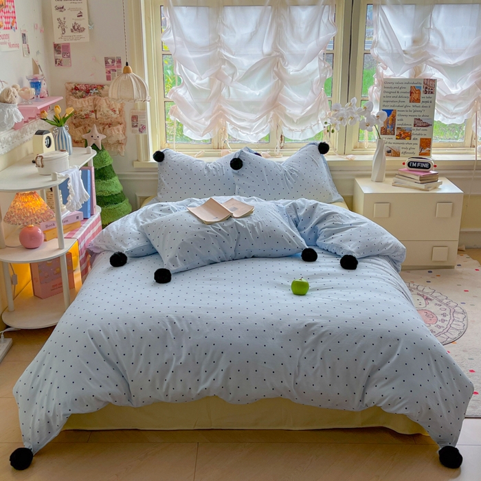 91家纺网 家纺一手货源 找家纺 花伞家居 2026新款ins毛球波点软软糯糯古法水洗棉加厚四件套含买家秀 毛球波点-蓝