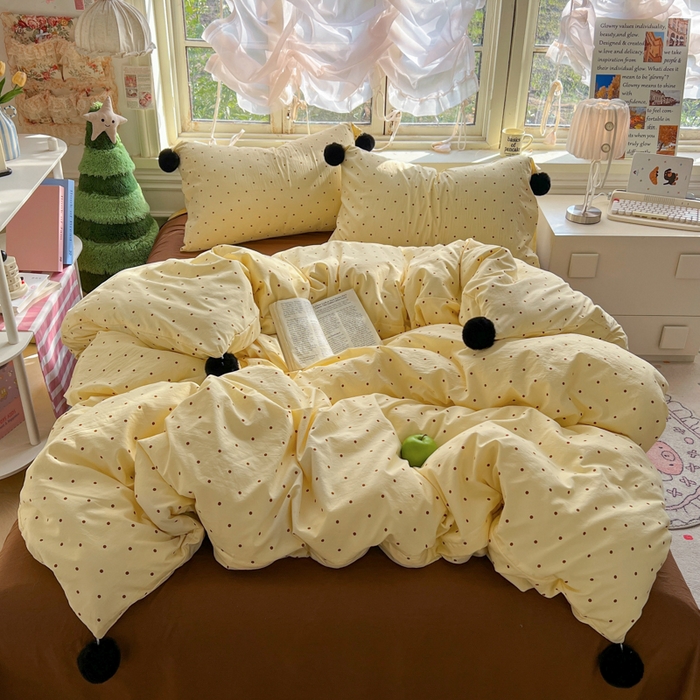 91家纺网 家纺一手货源 找家纺 花伞家居 2026新款ins毛球波点软软糯糯古法水洗棉加厚四件套含买家秀 毛球波点-黄