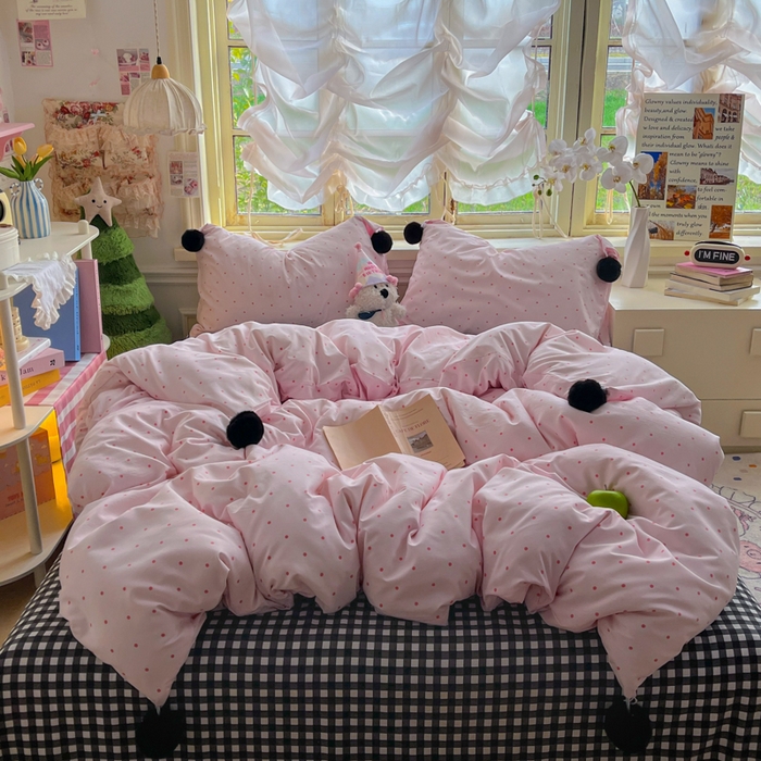 91家纺网 家纺一手货源 找家纺 花伞家居 2026新款ins毛球波点软软糯糯古法水洗棉加厚四件套含买家秀 毛球波点-粉