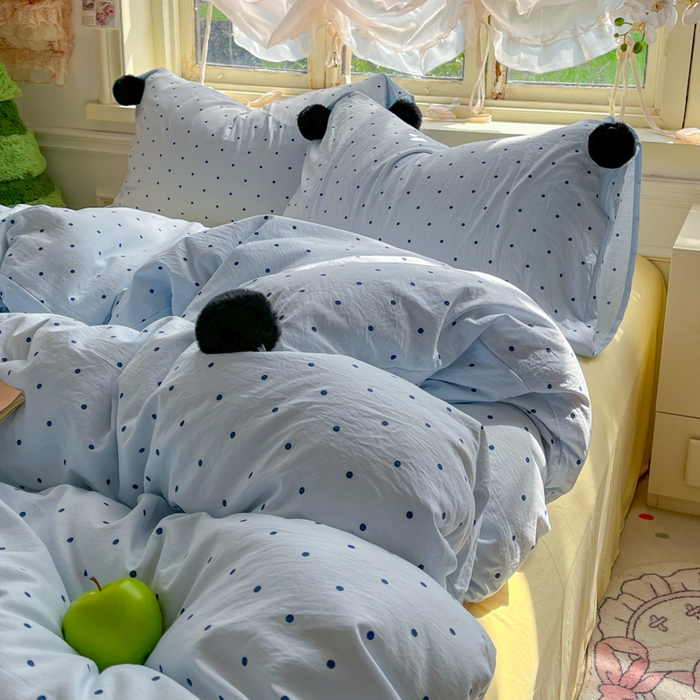 91家纺网 家纺一手货源 找家纺 花伞家居 2026新款ins毛球波点软软糯糯古法水洗棉加厚四件套含买家秀 毛球波点-蓝