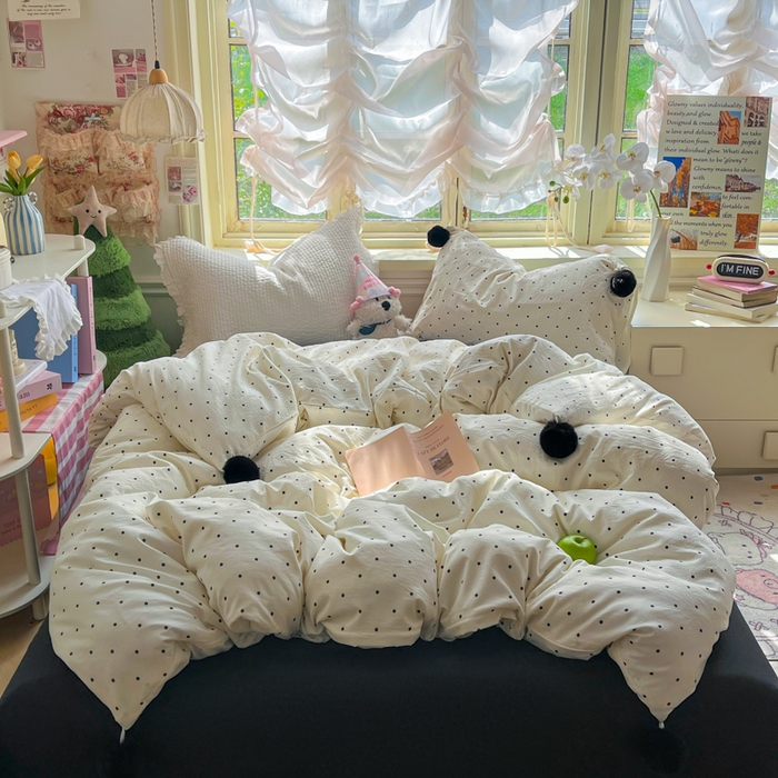 91家纺网 家纺一手货源 找家纺 花伞家居 2026新款ins毛球波点软软糯糯古法水洗棉加厚四件套含买家秀 毛球波点-白