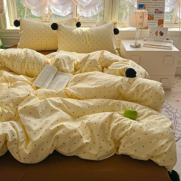 91家纺网 家纺一手货源 找家纺 花伞家居 2026新款ins毛球波点软软糯糯古法水洗棉加厚四件套含买家秀 毛球波点-黄