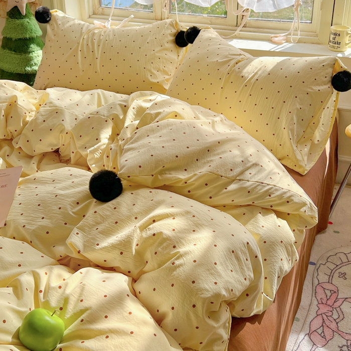 91家纺网 家纺一手货源 找家纺 花伞家居 2026新款ins毛球波点软软糯糯古法水洗棉加厚四件套含买家秀 毛球波点-黄