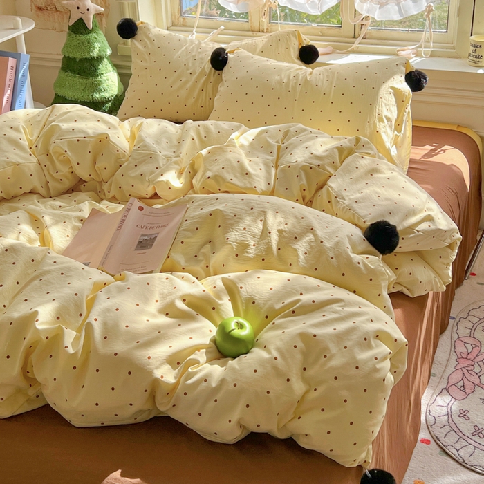 91家纺网 家纺一手货源 找家纺 花伞家居 2026新款ins毛球波点软软糯糯古法水洗棉加厚四件套含买家秀 毛球波点-黄