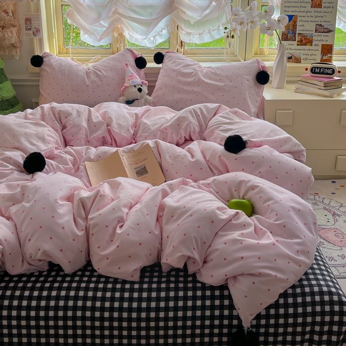 91家纺网 家纺一手货源 找家纺 花伞家居 2026新款ins毛球波点软软糯糯古法水洗棉加厚四件套含买家秀 毛球波点-粉