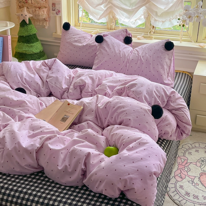 91家纺网 家纺一手货源 找家纺 花伞家居 2026新款ins毛球波点软软糯糯古法水洗棉加厚四件套含买家秀 毛球波点-紫