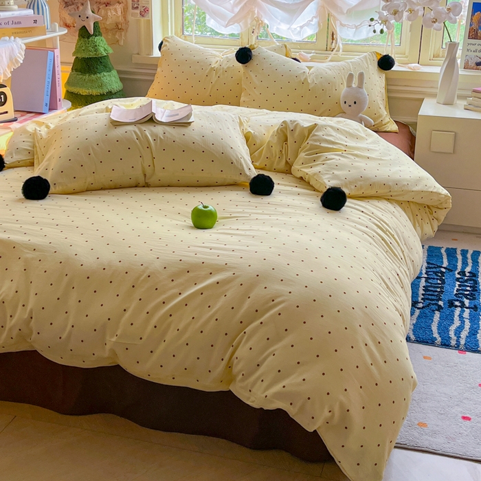 91家纺网 家纺一手货源 找家纺 花伞家居 2026新款ins毛球波点软软糯糯古法水洗棉加厚四件套含买家秀 毛球波点-黄