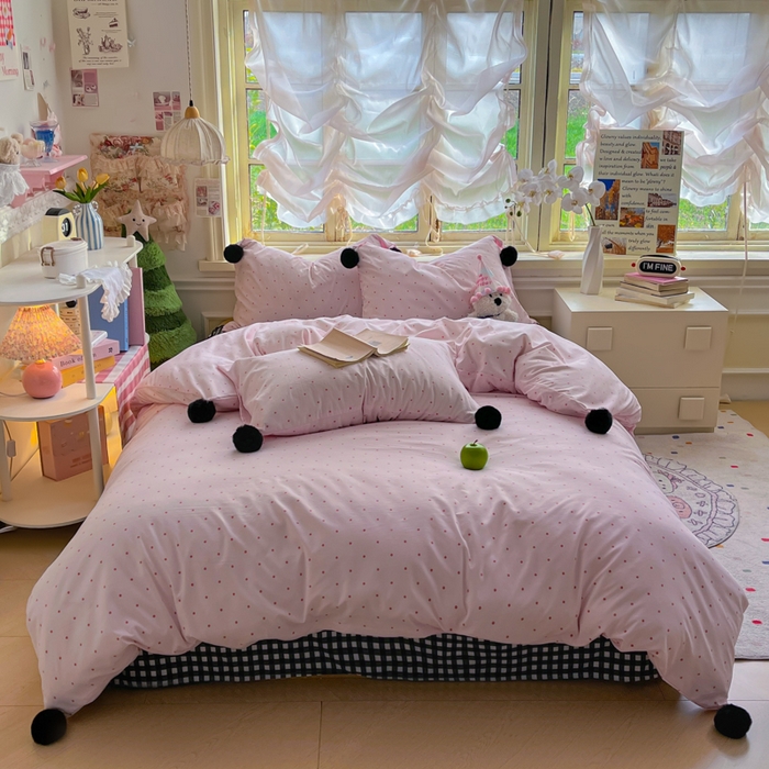 91家纺网 家纺一手货源 找家纺 花伞家居 2026新款ins毛球波点软软糯糯古法水洗棉加厚四件套含买家秀 毛球波点-粉