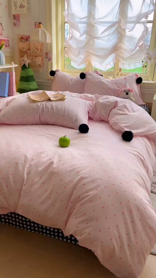 91家纺网 家纺一手货源 找家纺 花伞家居 2026新款ins毛球波点软软糯糯古法水洗棉加厚四件套含买家秀 毛球波点-粉