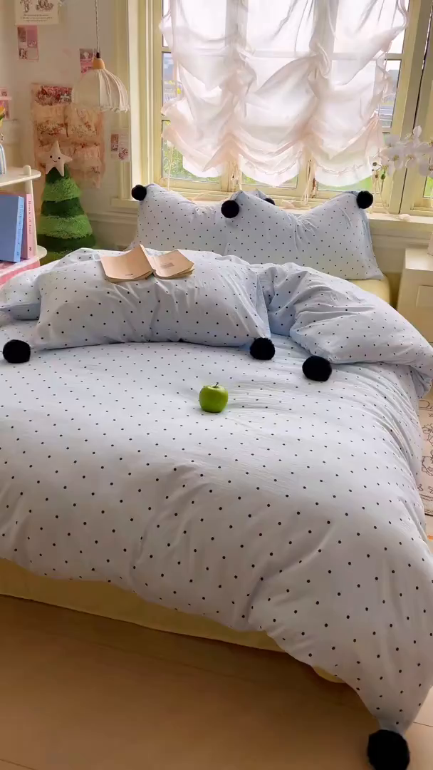 91家纺网 家纺一手货源 找家纺 花伞家居 2026新款ins毛球波点软软糯糯古法水洗棉加厚四件套含买家秀 毛球波点-蓝