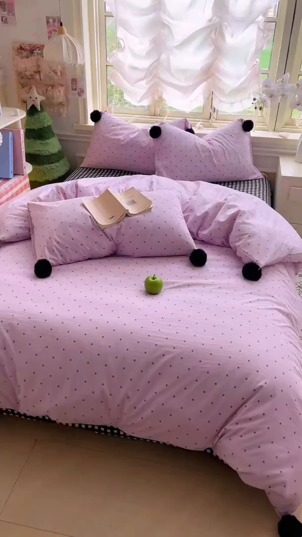 91家纺网 家纺一手货源 找家纺 花伞家居 2026新款ins毛球波点软软糯糯古法水洗棉加厚四件套含买家秀 毛球波点-紫