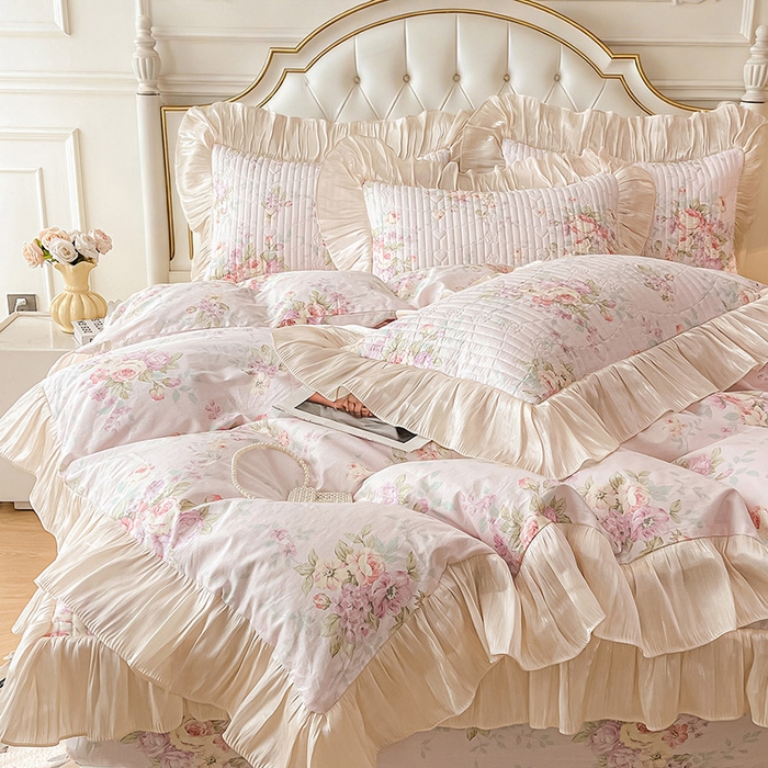 91家纺网 家纺一手货源 找家纺 宜凡家纺 2026新款全棉夹棉公主风床笠四件套 春日微光