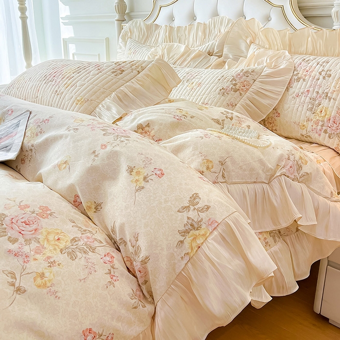 91家纺网 家纺一手货源 找家纺 宜凡家纺 2026新款全棉夹棉公主风床笠四件套 花黛织梦