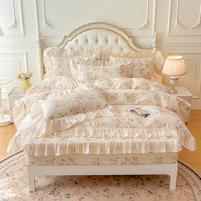 91家纺网 家纺一手货源 找家纺 宜凡家纺 2026新款全棉夹棉公主风床笠四件套 花黛织梦