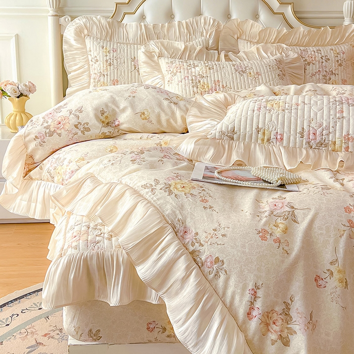 91家纺网 家纺一手货源 找家纺 宜凡家纺 2026新款全棉夹棉公主风床笠四件套 花黛织梦