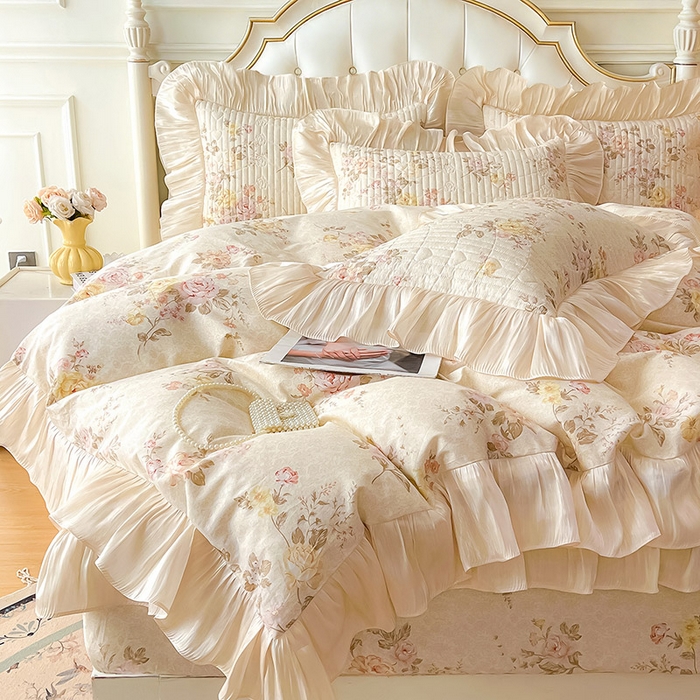 91家纺网 家纺一手货源 找家纺 宜凡家纺 2026新款全棉夹棉公主风床笠四件套 花黛织梦