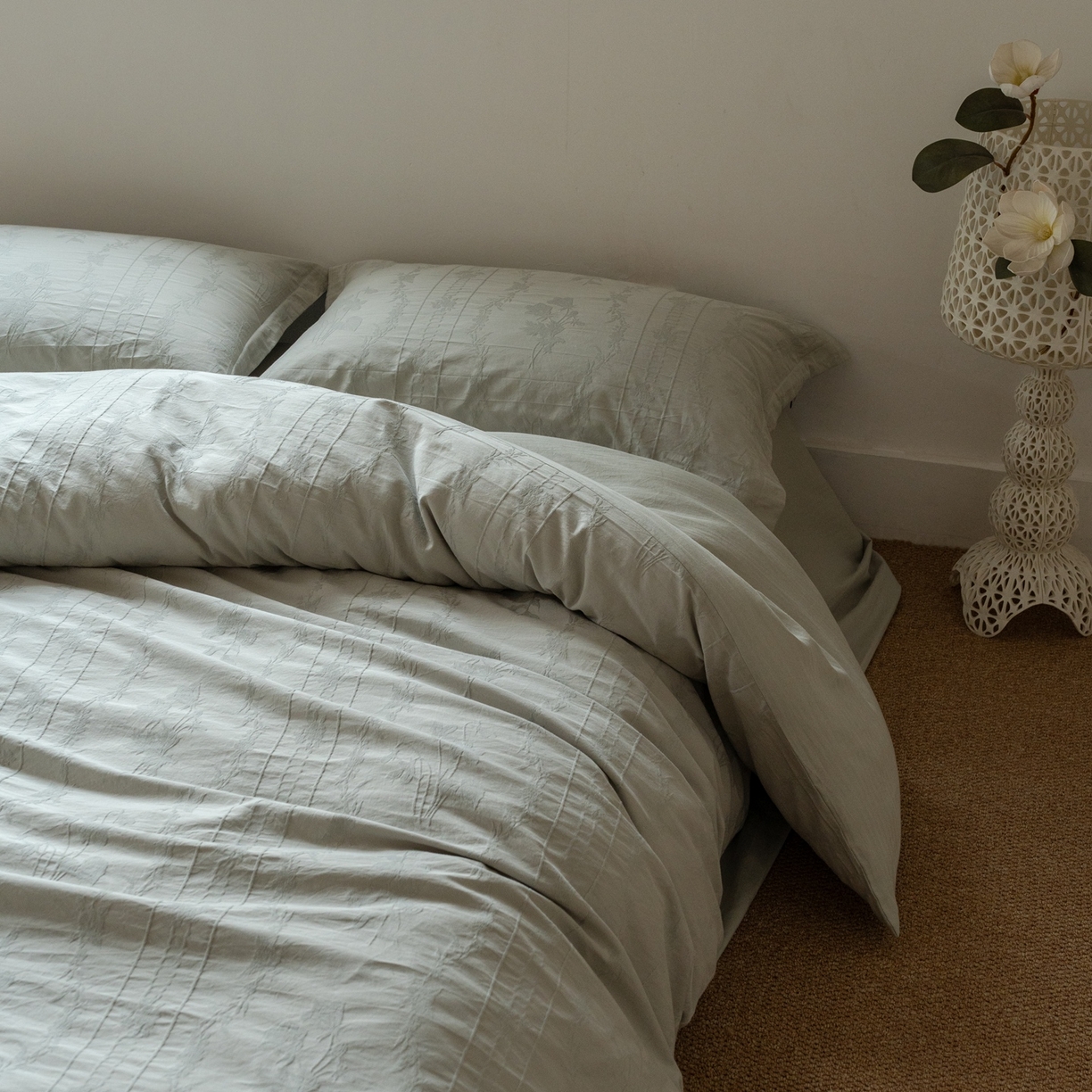 91家纺网 家纺一手货源 找家纺 8小时家纺 2026新款60支水洗浮雕立体提花四件套 暮落绿