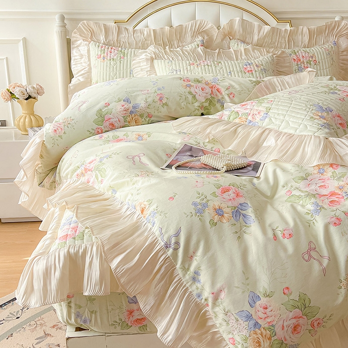 91家纺网 家纺一手货源 找家纺 宜凡家纺 2026新款全棉夹棉公主风床笠四件套 曼妙花香