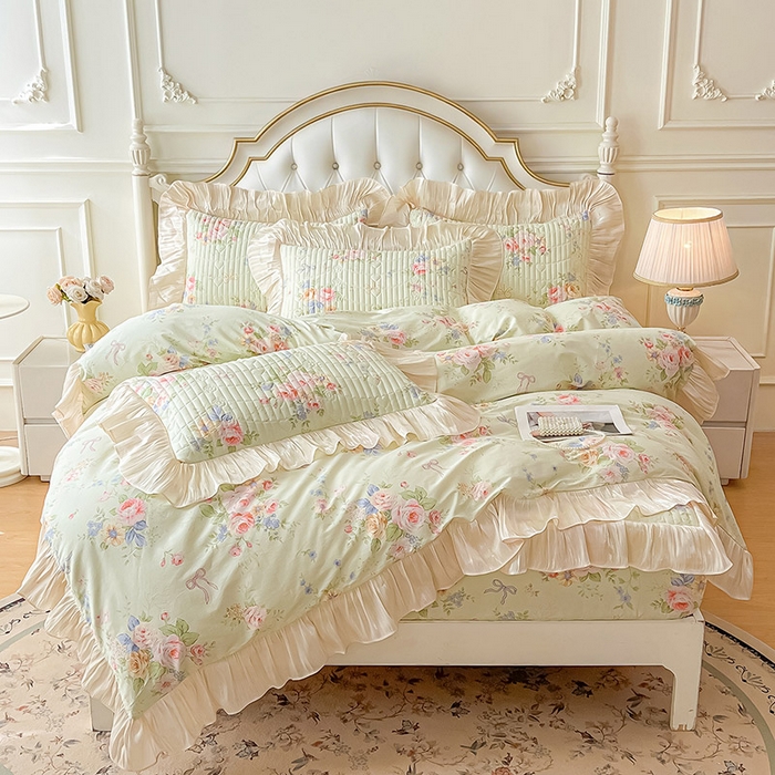 91家纺网 家纺一手货源 找家纺 宜凡家纺 2026新款全棉夹棉公主风床笠四件套 曼妙花香