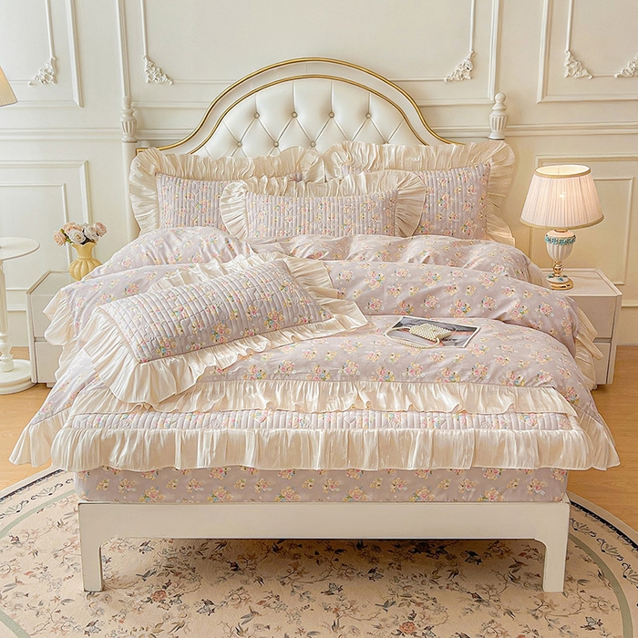 91家纺网 家纺一手货源 找家纺 宜凡家纺 2026新款全棉夹棉公主风床笠四件套 晴空