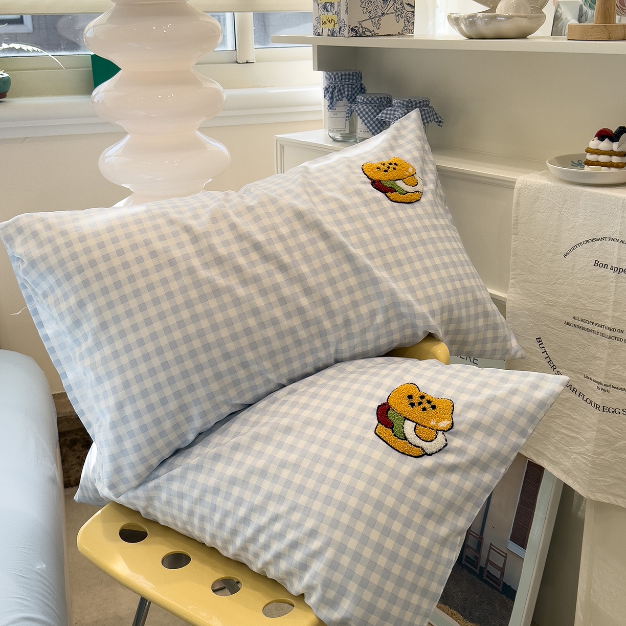 曼谷家纺 新款 水洗棉毛巾绣枕套单只单品枕套单件 汉堡猫-兰格