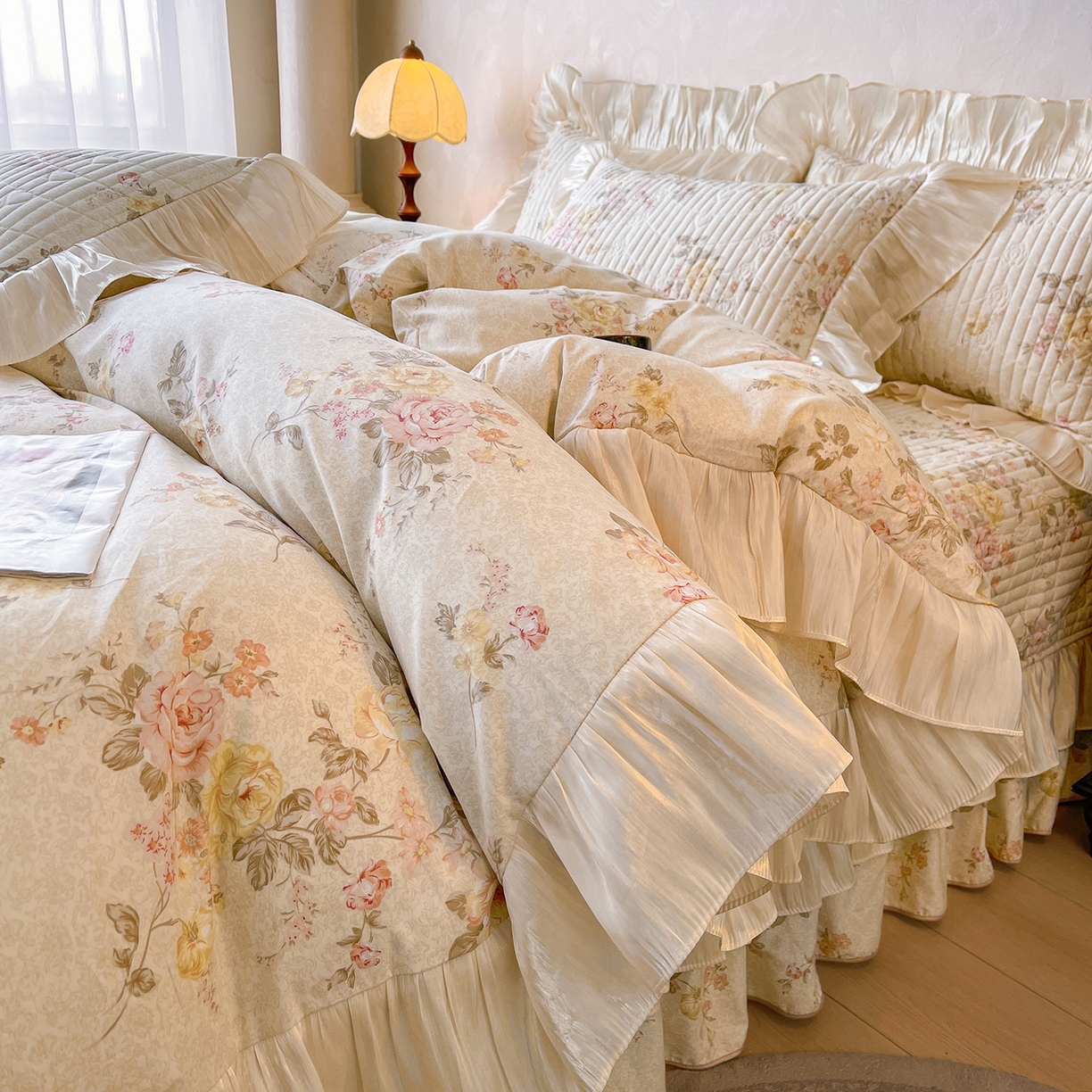 91家纺网 家纺一手货源 找家纺 宜凡家纺 2026新款全棉印花公主风夹棉床盖三件套 逐梦