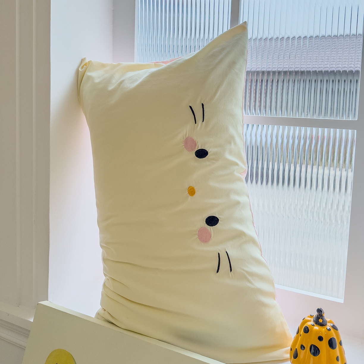 曼谷家纺 新款 水洗棉毛巾绣枕套单只单品枕套单件 可爱猫-芝士粉小格