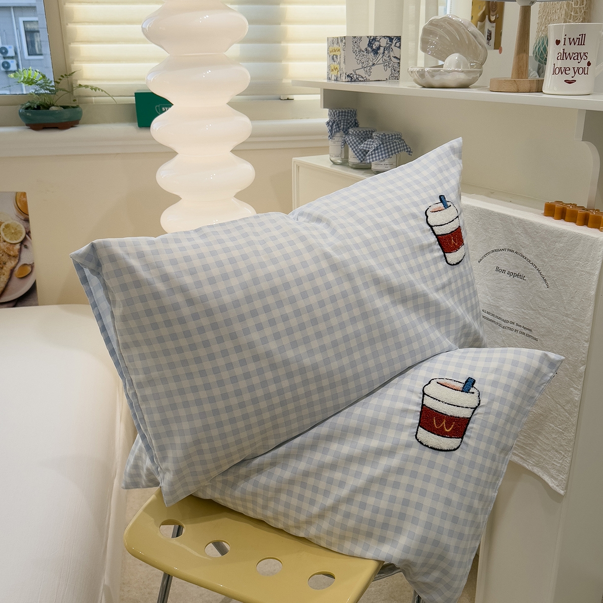 曼谷家纺 新款 水洗棉毛巾绣枕套单只单品枕套单件 可乐猫-兰格