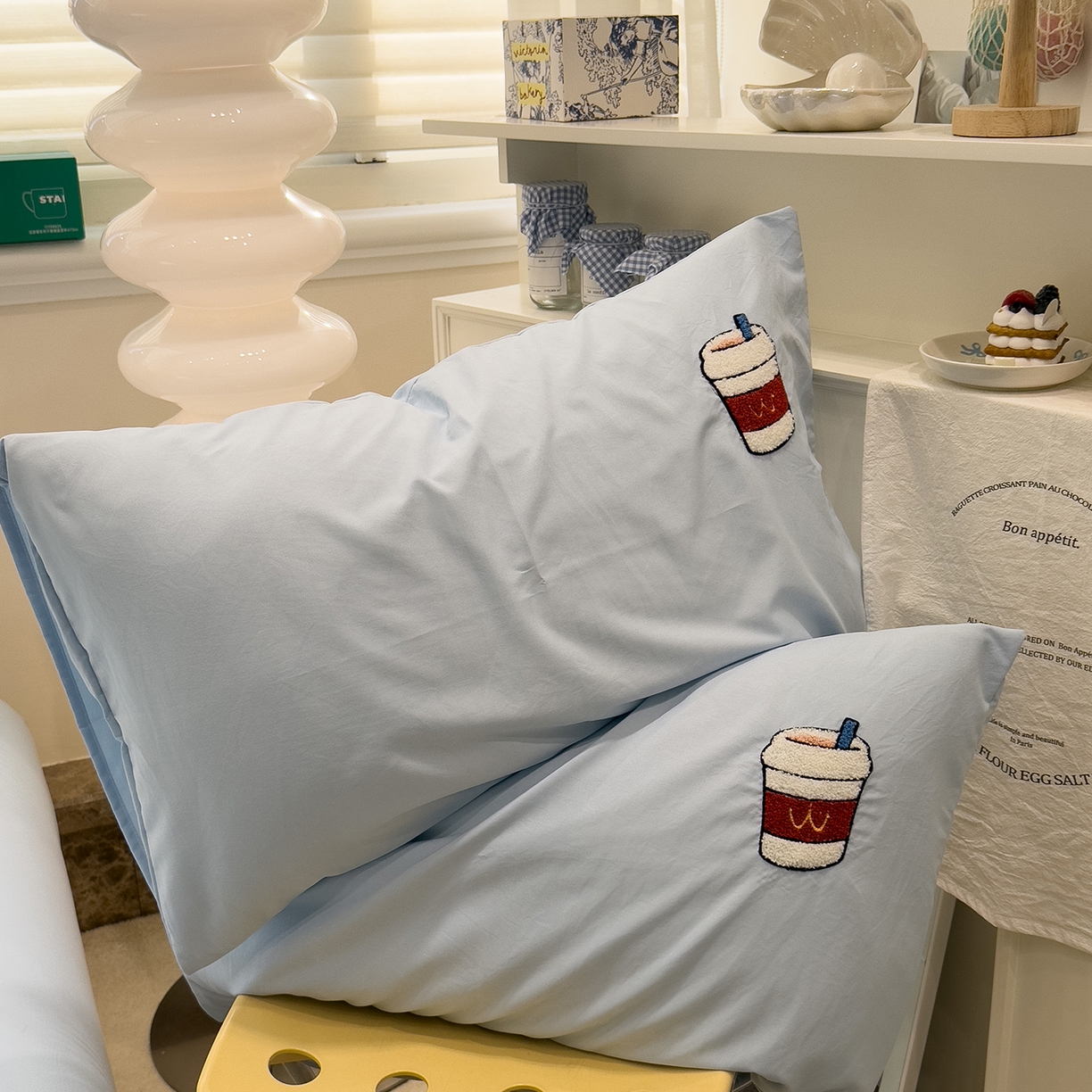 曼谷家纺 新款 水洗棉毛巾绣枕套单只单品枕套单件 可乐猫-天蓝