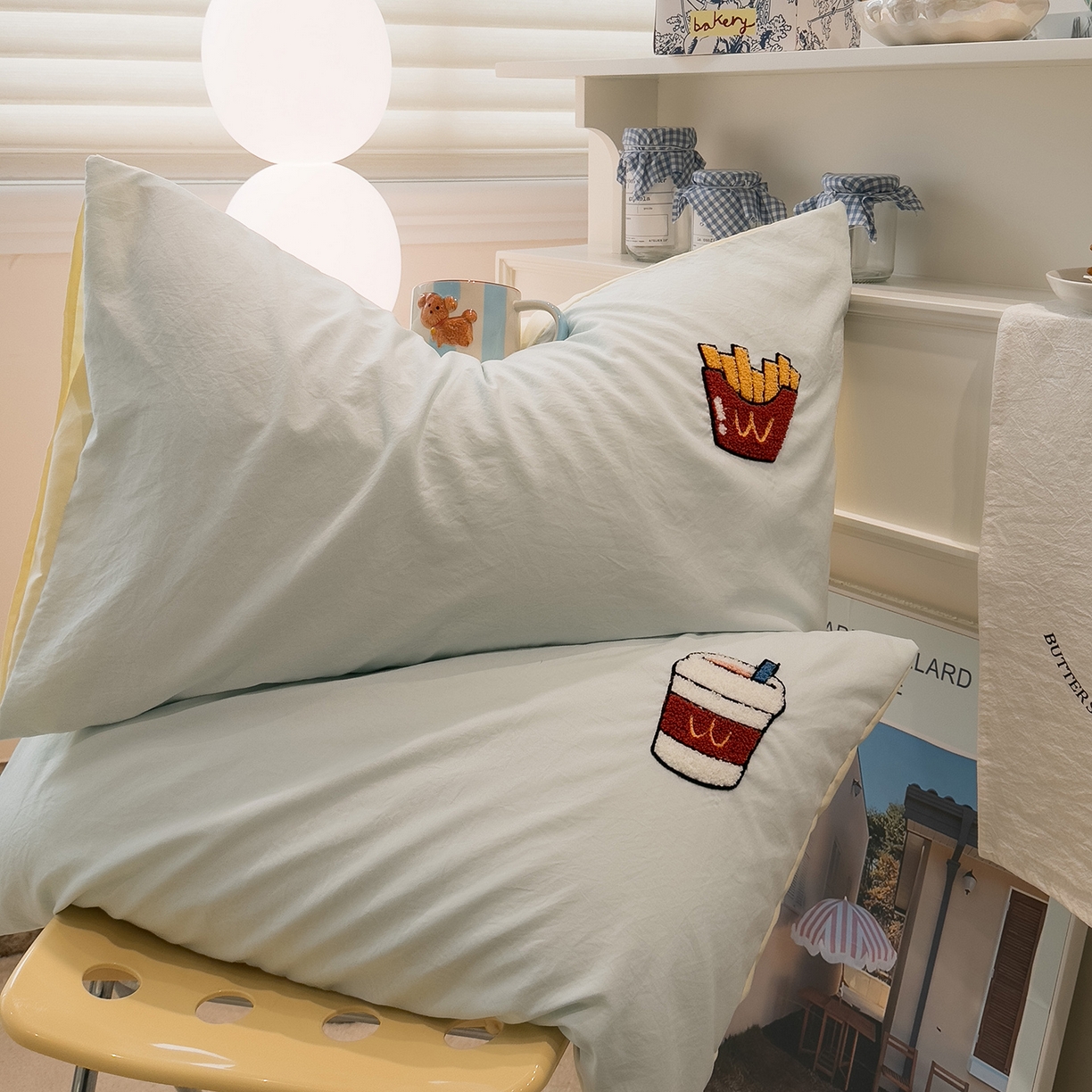 曼谷家纺 新款 水洗棉毛巾绣枕套单只单品枕套单件 可乐薯条-薄荷芝士