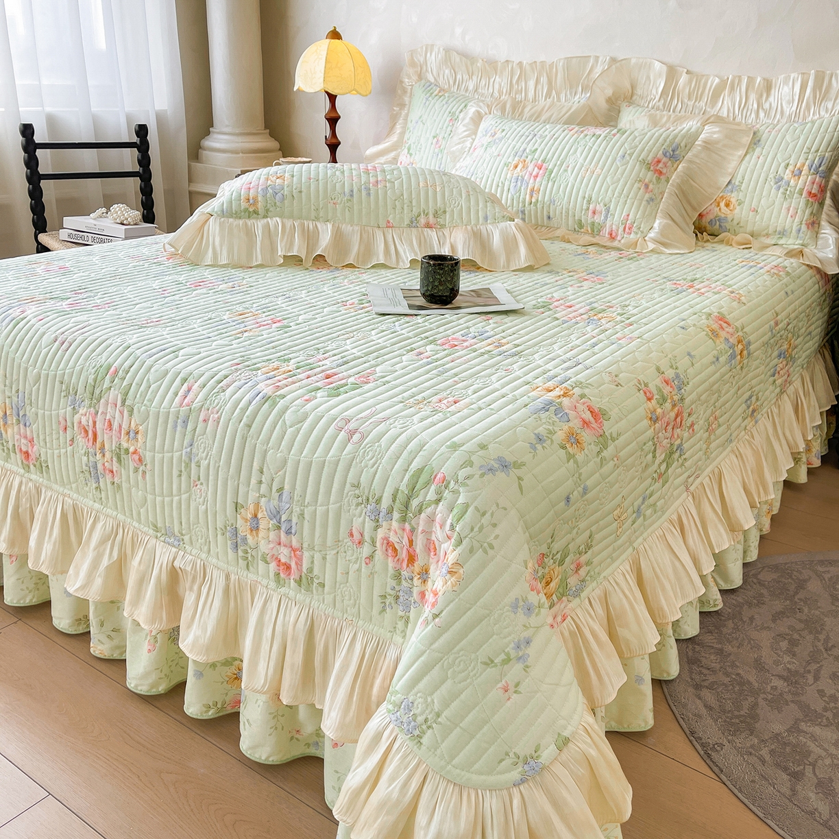 91家纺网 家纺一手货源 找家纺 宜凡家纺 2026新款全棉印花公主风夹棉床盖四件套 可颂