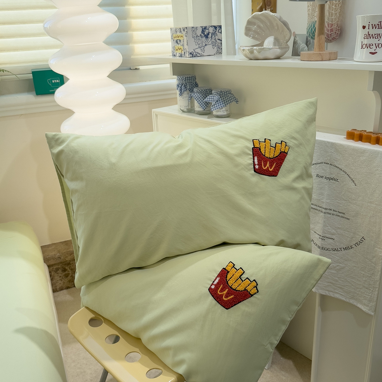 曼谷家纺 新款 水洗棉毛巾绣枕套单只单品枕套单件 薯条猫-豆绿