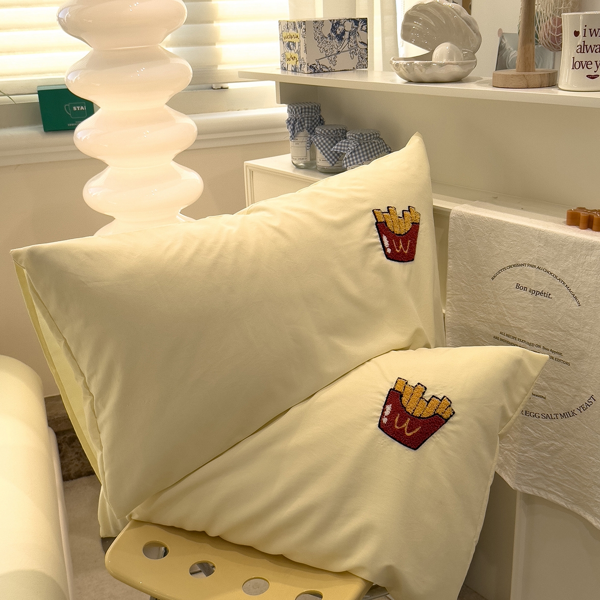 曼谷家纺 新款 水洗棉毛巾绣枕套单只单品枕套单件 薯条猫-芝士