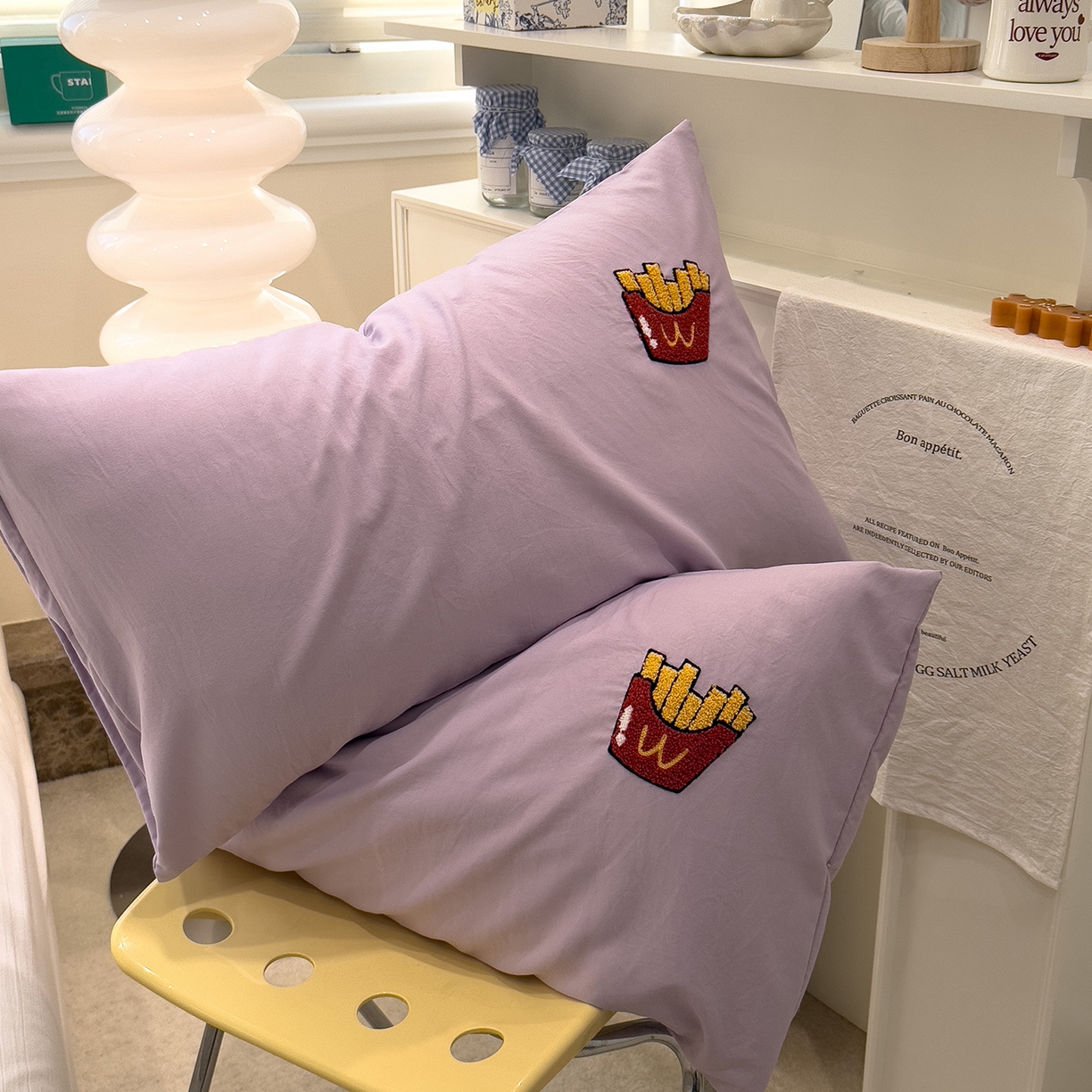 曼谷家纺 新款 水洗棉毛巾绣枕套单只单品枕套单件 薯条猫-紫