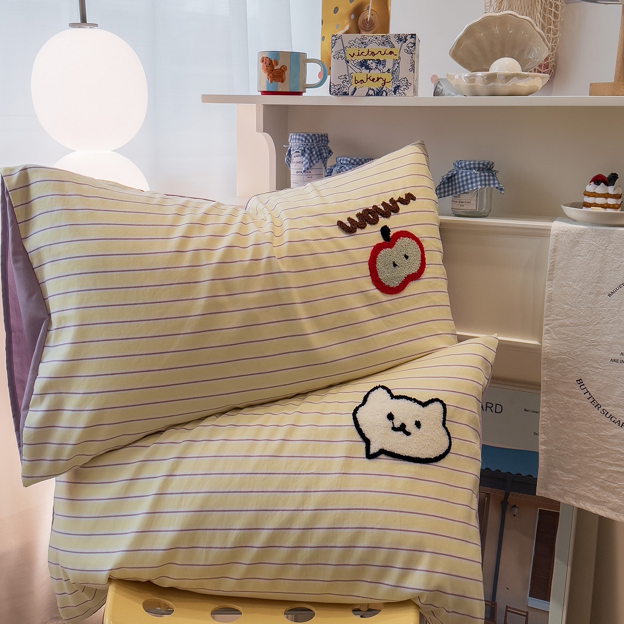 曼谷家纺 新款 水洗棉毛巾绣枕套单只单品枕套单件 小鱼喵喵酱-紫条