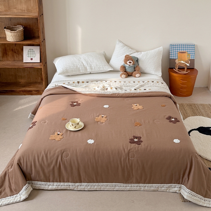 暖生活 2026新款A类全棉双层纱毛巾绣夏被 被子被芯 小饼熊