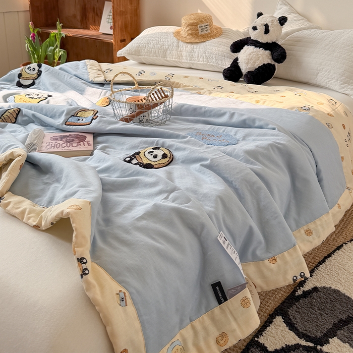 91家纺网 家纺一手货源 找家纺 暖生活 2026新款A类全棉双层纱毛巾绣夏被 被子被芯 熊猫面包