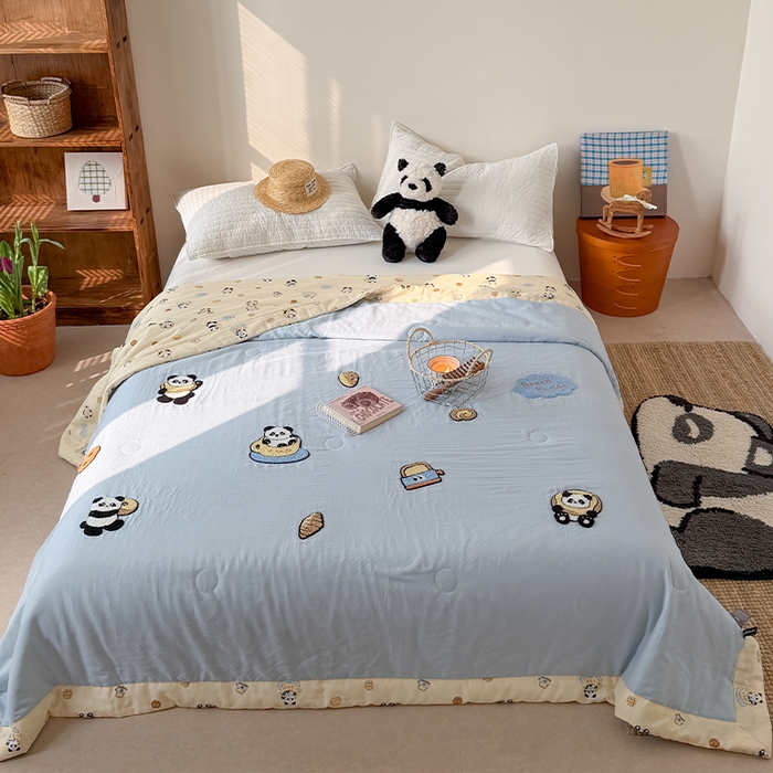 暖生活 2026新款A类全棉双层纱毛巾绣夏被 被子被芯 熊猫面包