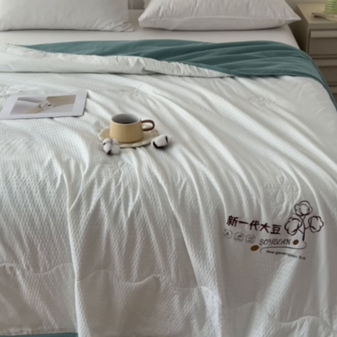 91家纺网 家纺一手货源 找家纺 VIP被业 2026新款新一代大豆泡泡纱夏被水洗棉大豆夏被夏凉被空调被 白配绿