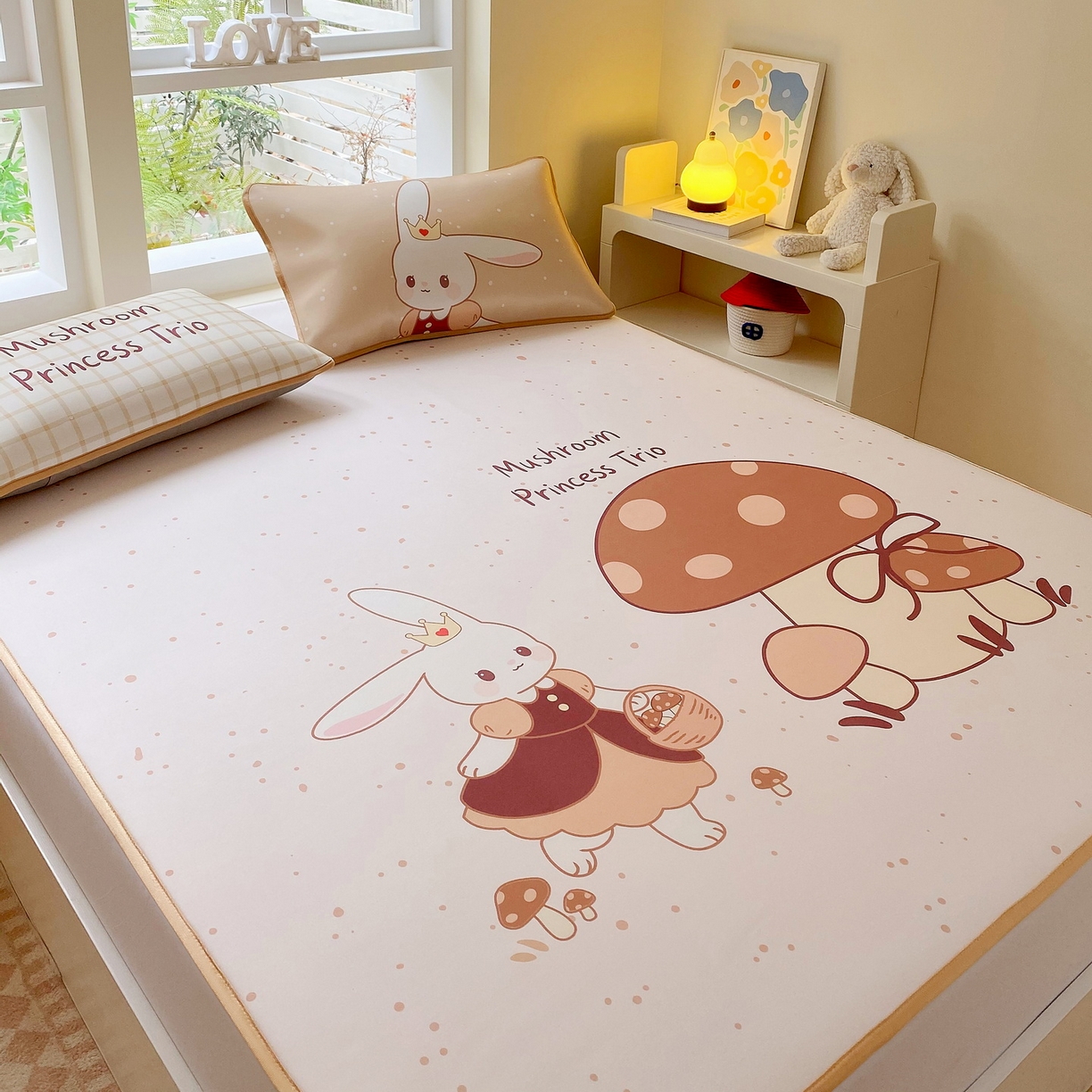 91家纺网 家纺一手货源 找家纺 莱米家纺 2026新款大版小冰皮床笠床席 蘑菇小兔床席