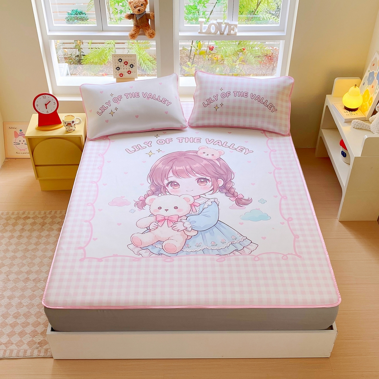 91家纺网 家纺一手货源 找家纺 莱米家纺 2026新款大版小冰皮床笠床席 甜美女孩床笠