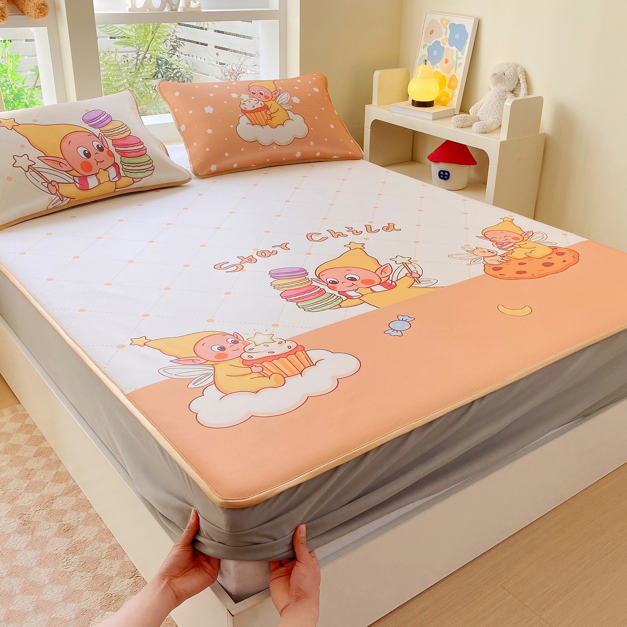 91家纺网 家纺一手货源 找家纺 莱米家纺 2026新款大版小冰皮床笠床席 欢喜朋友床笠