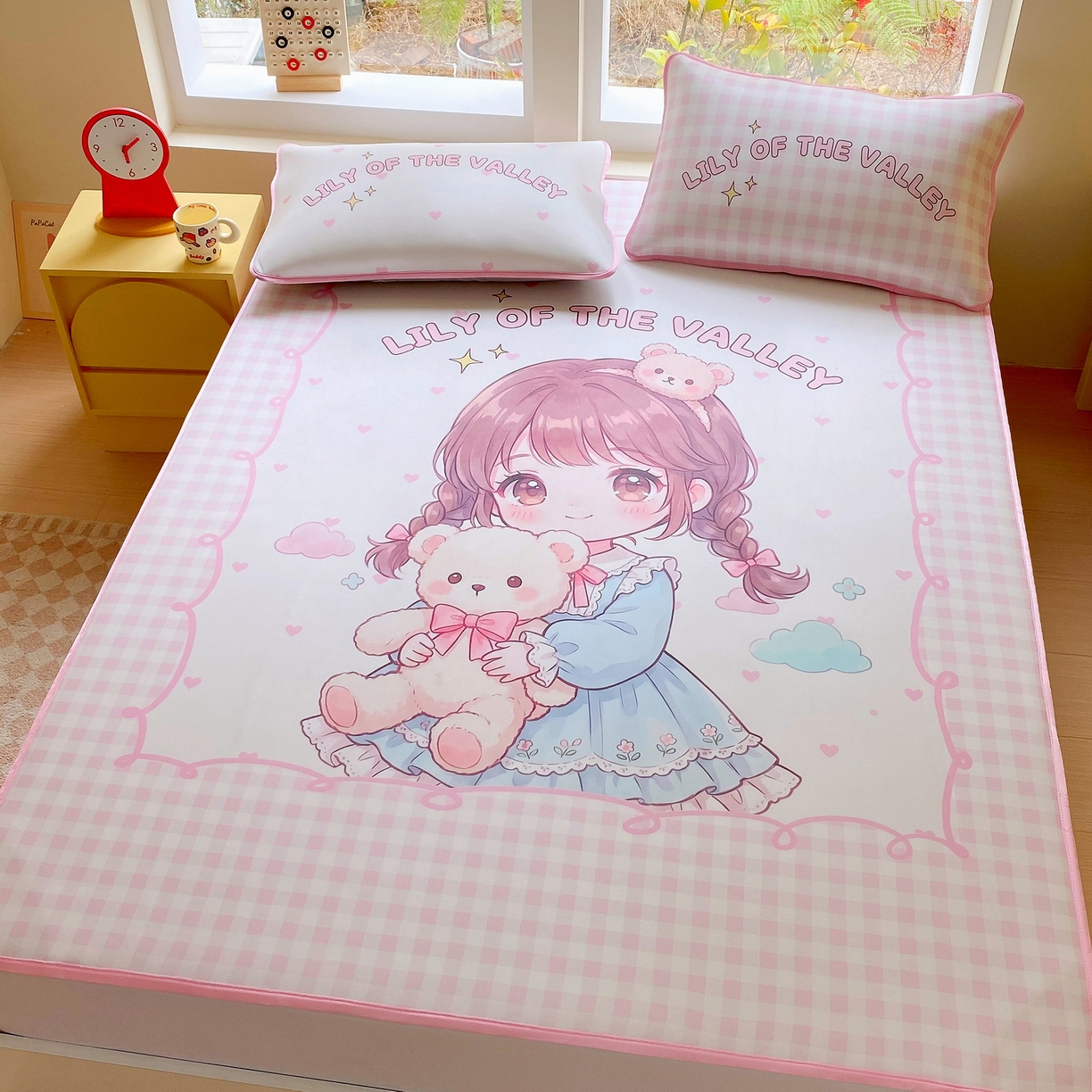 91家纺网 家纺一手货源 找家纺 莱米家纺 2026新款大版小冰皮床笠床席 甜美女孩床席