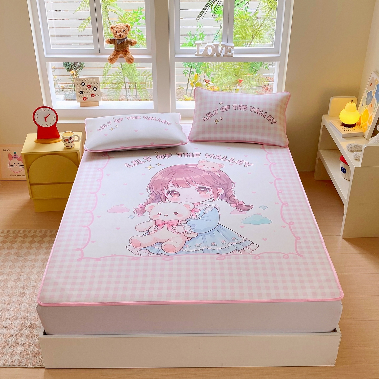 91家纺网 家纺一手货源 找家纺 莱米家纺 2026新款大版小冰皮床笠床席 甜美女孩床席