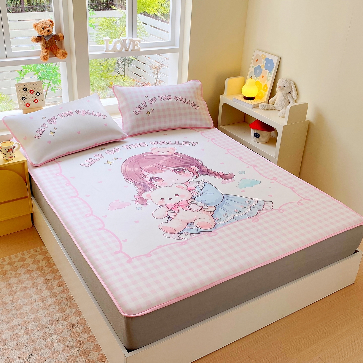 91家纺网 家纺一手货源 找家纺 莱米家纺 2026新款大版小冰皮床笠床席 甜美女孩床笠