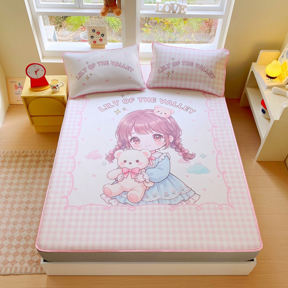 91家纺网 家纺一手货源 找家纺 莱米家纺 2026新款大版小冰皮床笠床席 甜美女孩床笠