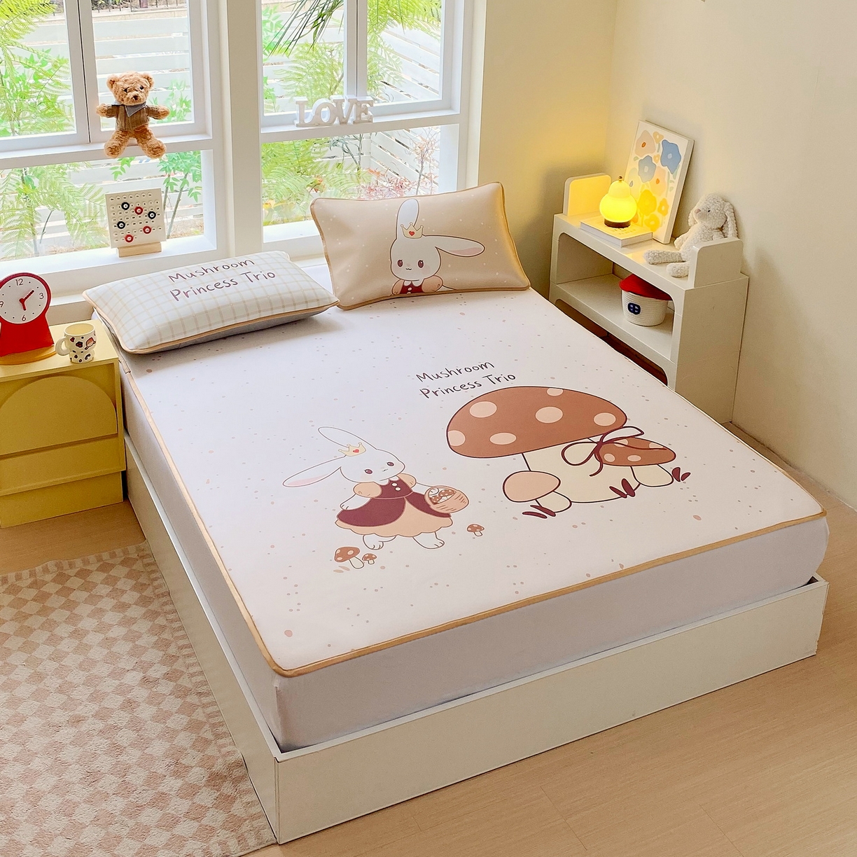 91家纺网 家纺一手货源 找家纺 莱米家纺 2026新款大版小冰皮床笠床席 蘑菇小兔床席