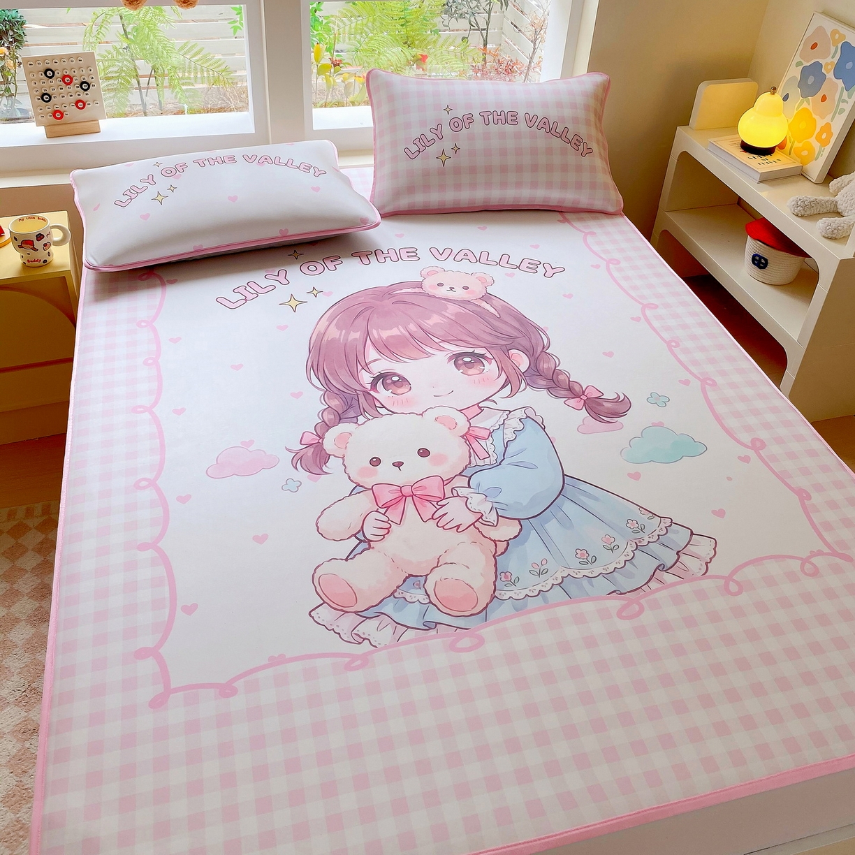 91家纺网 家纺一手货源 找家纺 莱米家纺 2026新款大版小冰皮床笠床席 甜美女孩床席