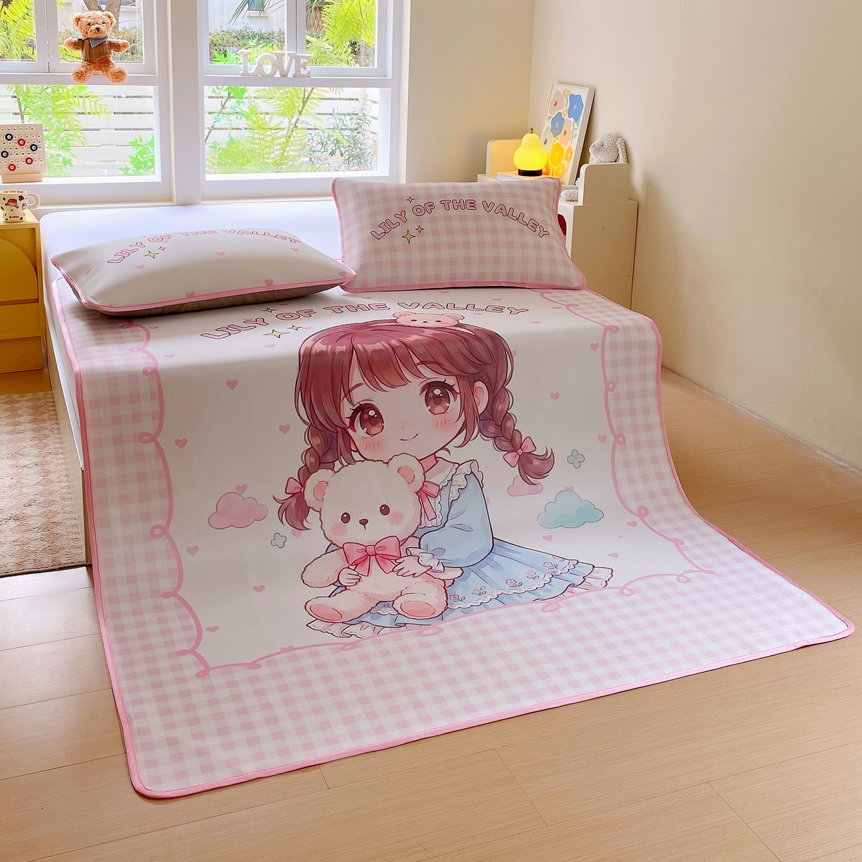 91家纺网 家纺一手货源 找家纺 莱米家纺 2026新款大版小冰皮床笠床席 甜美女孩床席