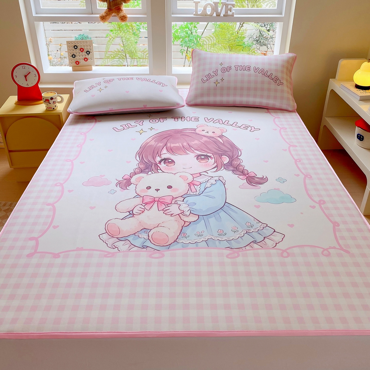 91家纺网 家纺一手货源 找家纺 莱米家纺 2026新款大版小冰皮床笠床席 甜美女孩床席